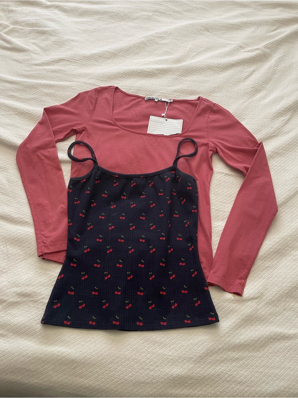 Long Sleeve Scoop Neck Top and navy blue Cherry Print Cami